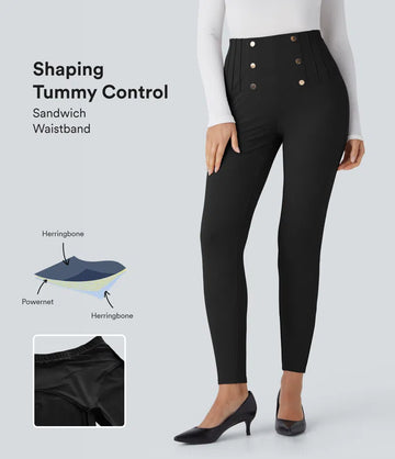 SoCinched High Waisted Tummy Control Decorative Button Back Zipper Pockets Herringbone Work Leggings