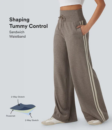 Ribbed SoCinched High Waisted Tummy Control Drawstring Wide Leg Color Block Casual Trousers with Pockets