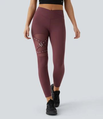 High Waisted Crossover Contrast Mesh Decorative Buckle Yoga Leggings