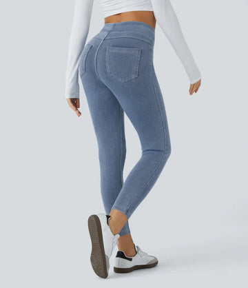 High Waisted Back Side Pocket Stretchy Knit Denim Casual Leggings