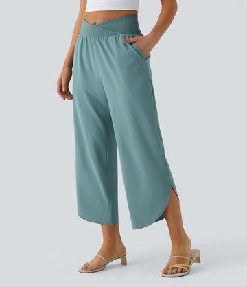 High Waisted Crossover Side Pocket Split Quick Dry Resort Trousers