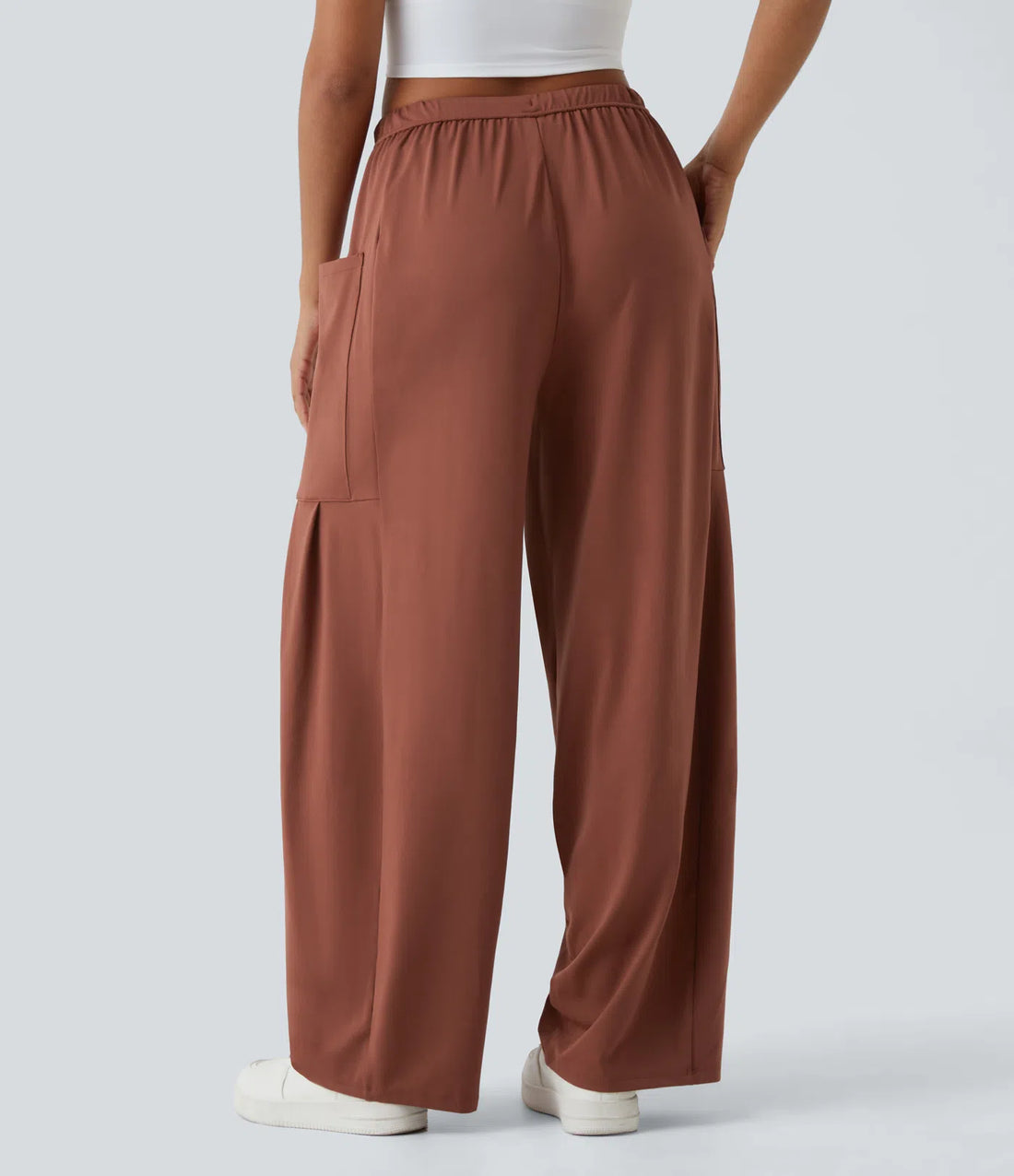 Mid Rise Elastic Waistband Drawstring Side Pocket Palazzo Flowy Wide Leg Casual Trousers