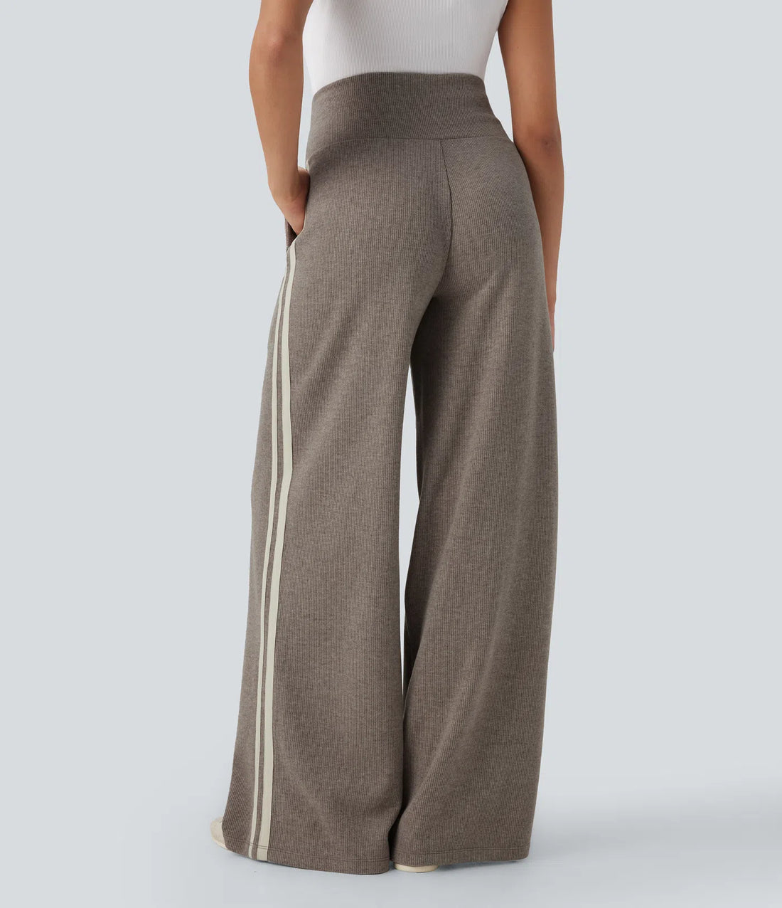 Ribbed SoCinched High Waisted Tummy Control Drawstring Wide Leg Color Block Casual Trousers with Pockets
