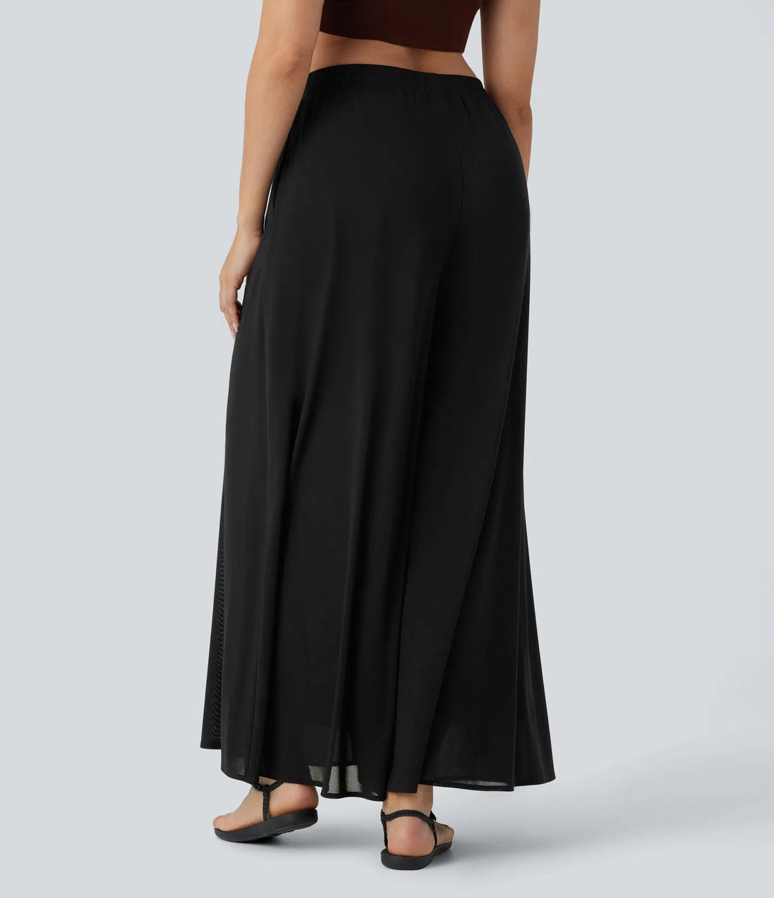High Waisted Pocket Mesh Overlay Wide Leg Casual Trousers