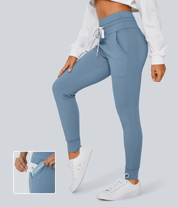 Plush High Waisted Drawstring Pocket Plain Full Length Joggers