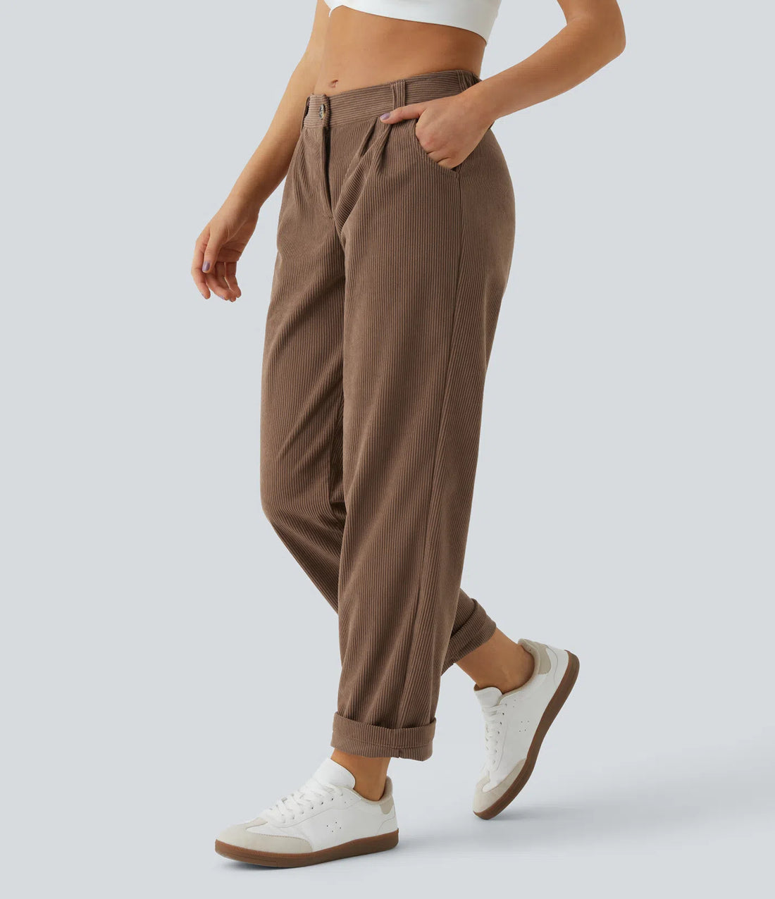 Mid Rise Zipper Pocket Corduroy Casual Trousers