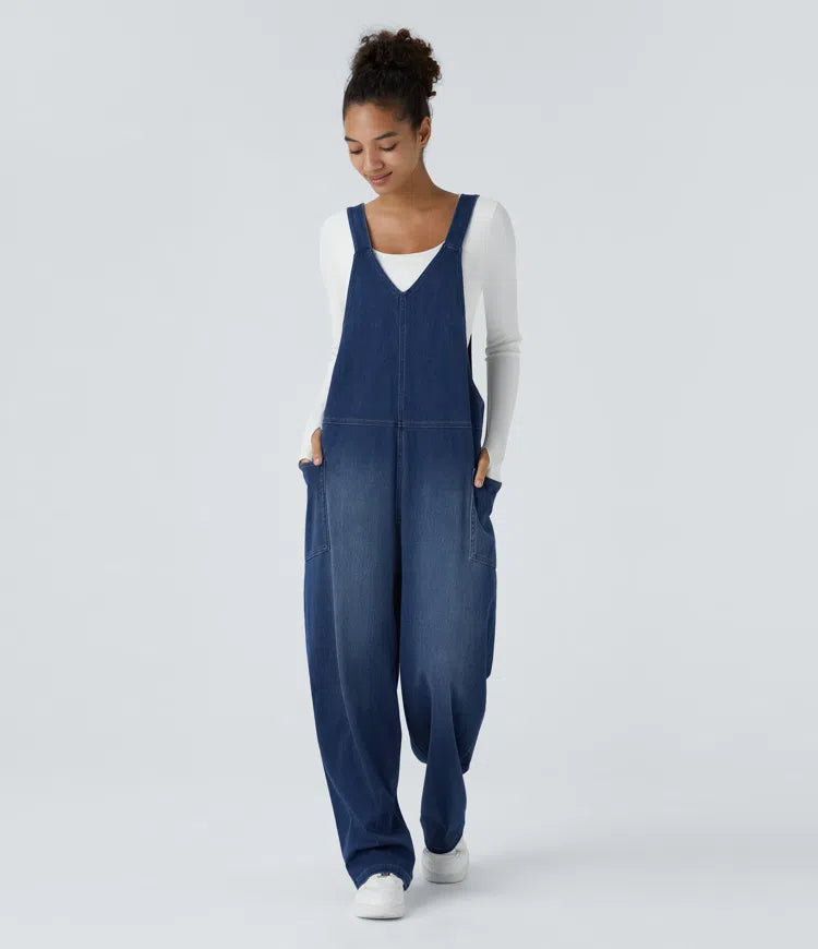 V Neck Pocket Washed Denim Casual Dungarees
