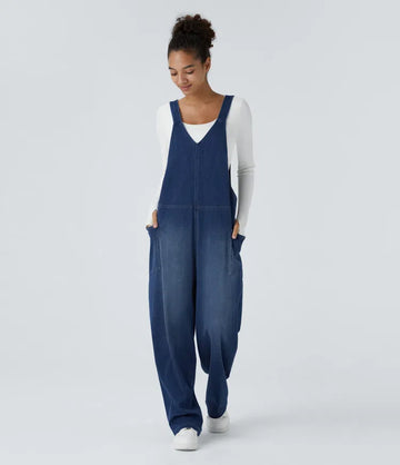 V Neck Pocket Washed Denim Casual Dungarees