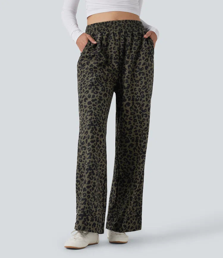 High Waisted Leopard Print Corduroy Casual Baggy Trousers with Pockets