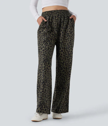 High Waisted Leopard Print Corduroy Casual Baggy Trousers with Pockets