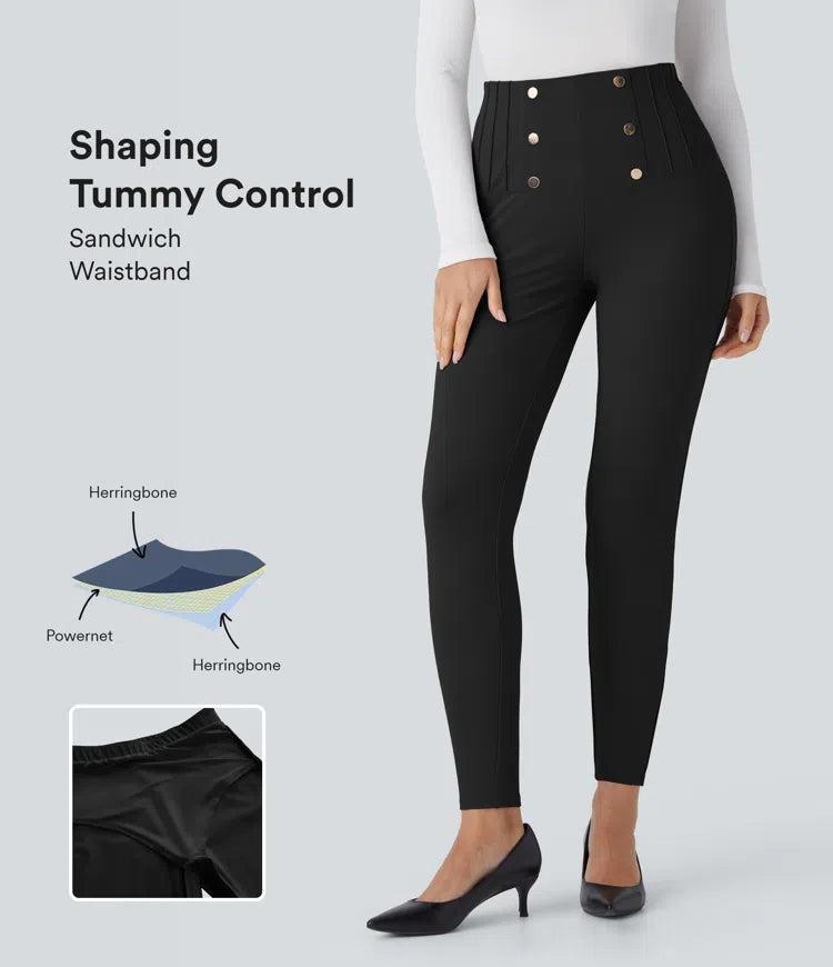 SoCinched High Waisted Tummy Control Decorative Button Back Zipper Pockets Herringbone Work Leggings