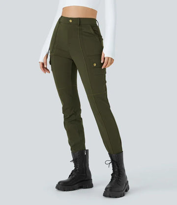 High Waisted Zipper Pockets Solid Skinny Cargo Trousers