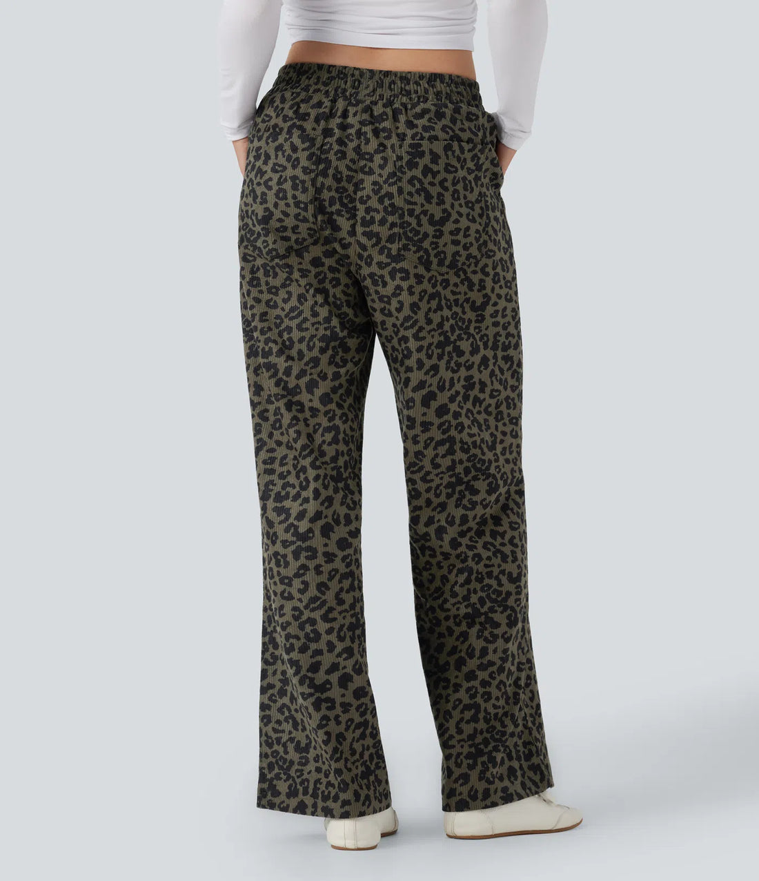 High Waisted Leopard Print Corduroy Casual Baggy Trousers with Pockets
