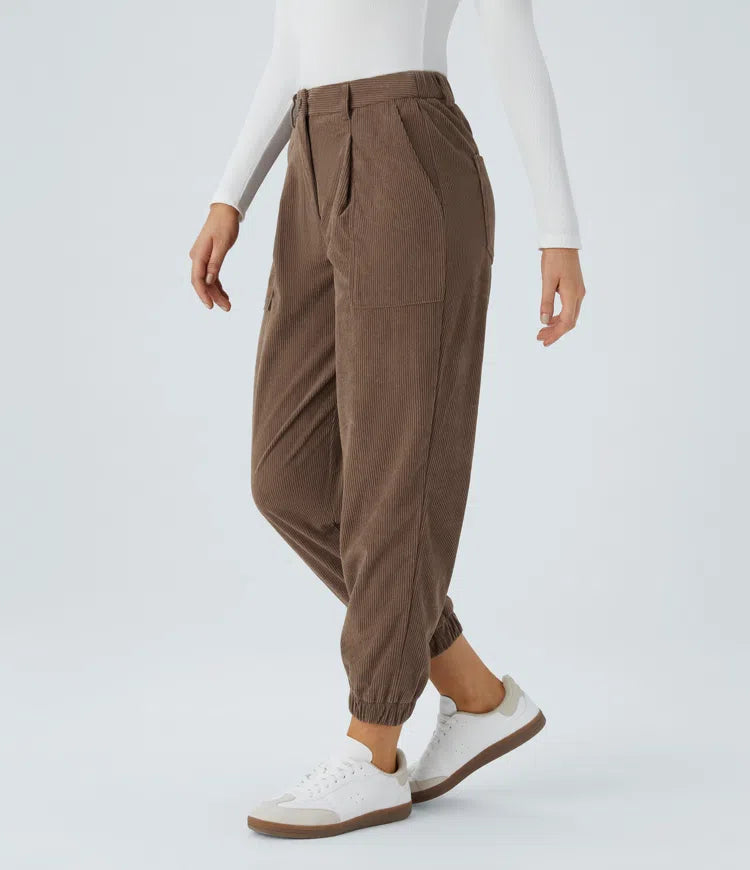 Mid Rise Button Zipper Multiple Pockets Corduroy Casual Joggers