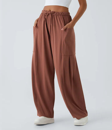 Mid Rise Elastic Waistband Drawstring Side Pocket Palazzo Flowy Wide Leg Casual Trousers