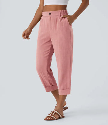High Waisted Button Zipper Side Pocket Capri Resort Linen-Feel Trousers