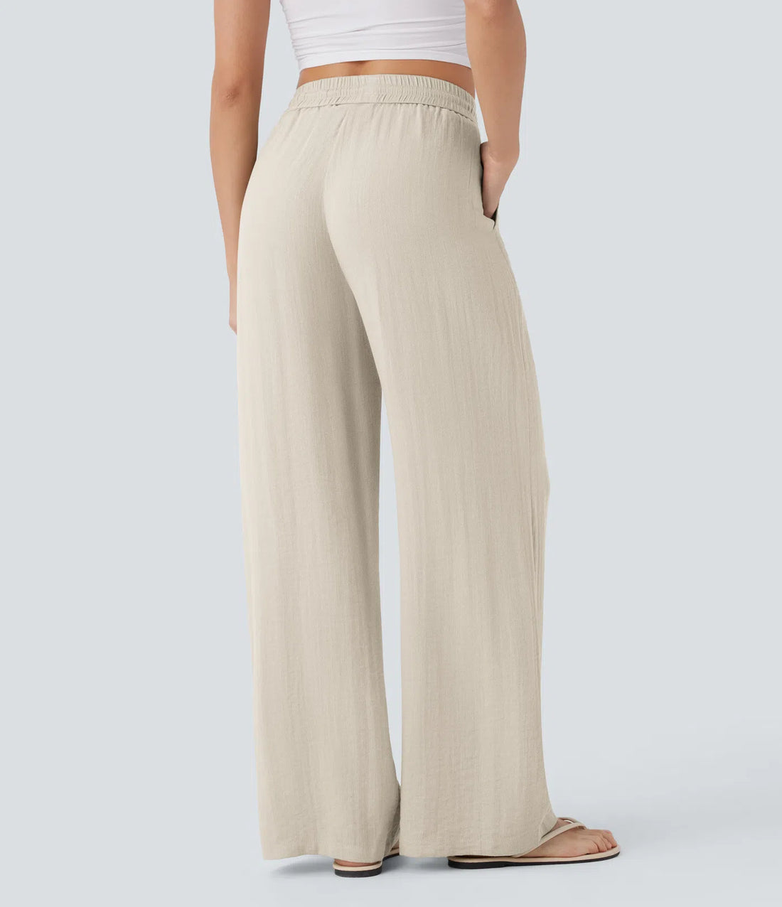 High Waisted Drawstring Side Pocket Wide Leg Casual Linen-Feel Trousers