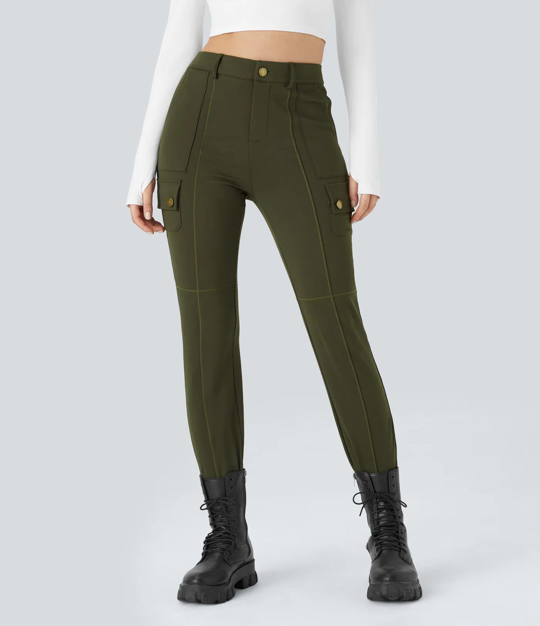 High Waisted Zipper Pockets Solid Skinny Cargo Trousers