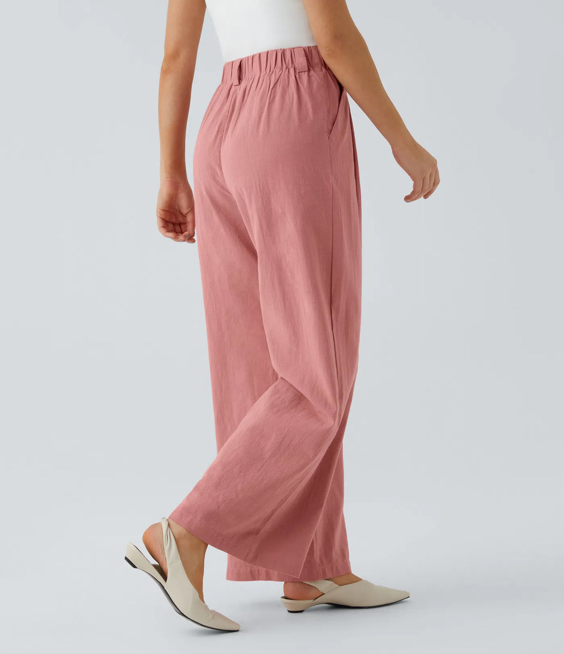 High Waisted Side Pocket Wide Leg Flowy Solid Palazzo Casual Linen-Feel Trousers