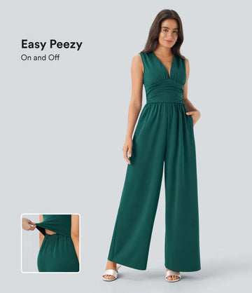 V Neck Sleeveless Ruched Side Pocket Invisible Zipper Party Jumpsuit-Easy Peezy