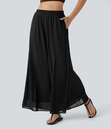 High Waisted Pocket Mesh Overlay Wide Leg Casual Trousers