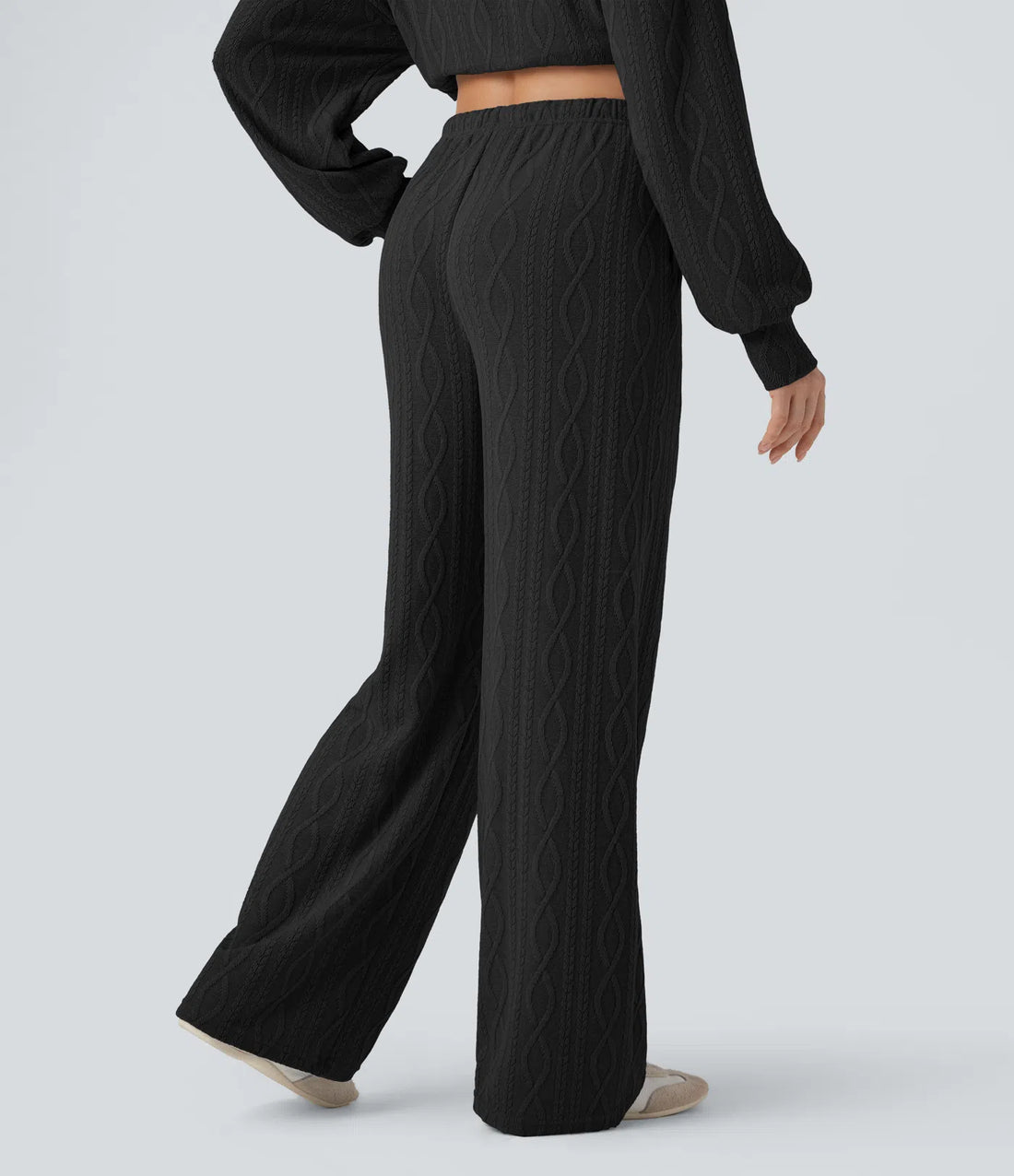 High Waisted Drawstring Cable Knit Casual Pants with Pockets