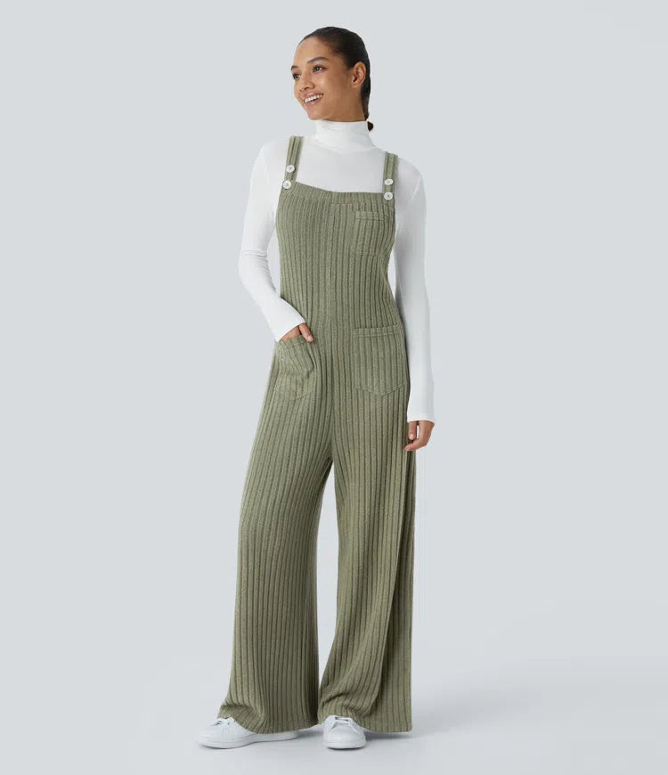Ribbed Knit Pockets Casual Dungarees