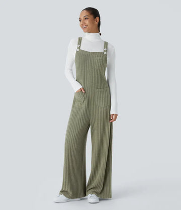 Ribbed Knit Pockets Casual Dungarees