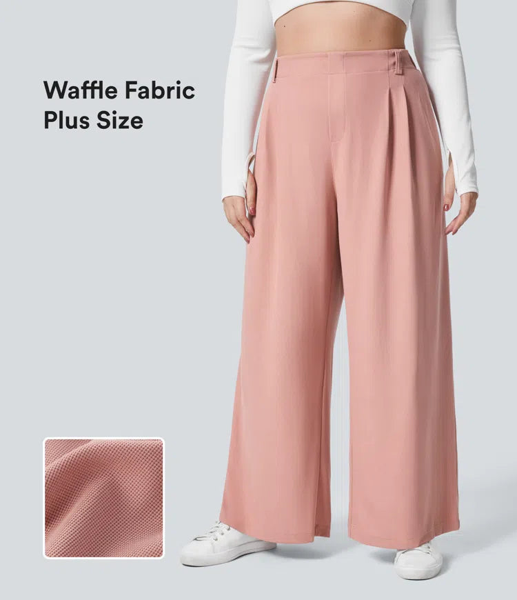 High Waisted Side Pocket Wide Leg Waffle Work Plus Size Trousers