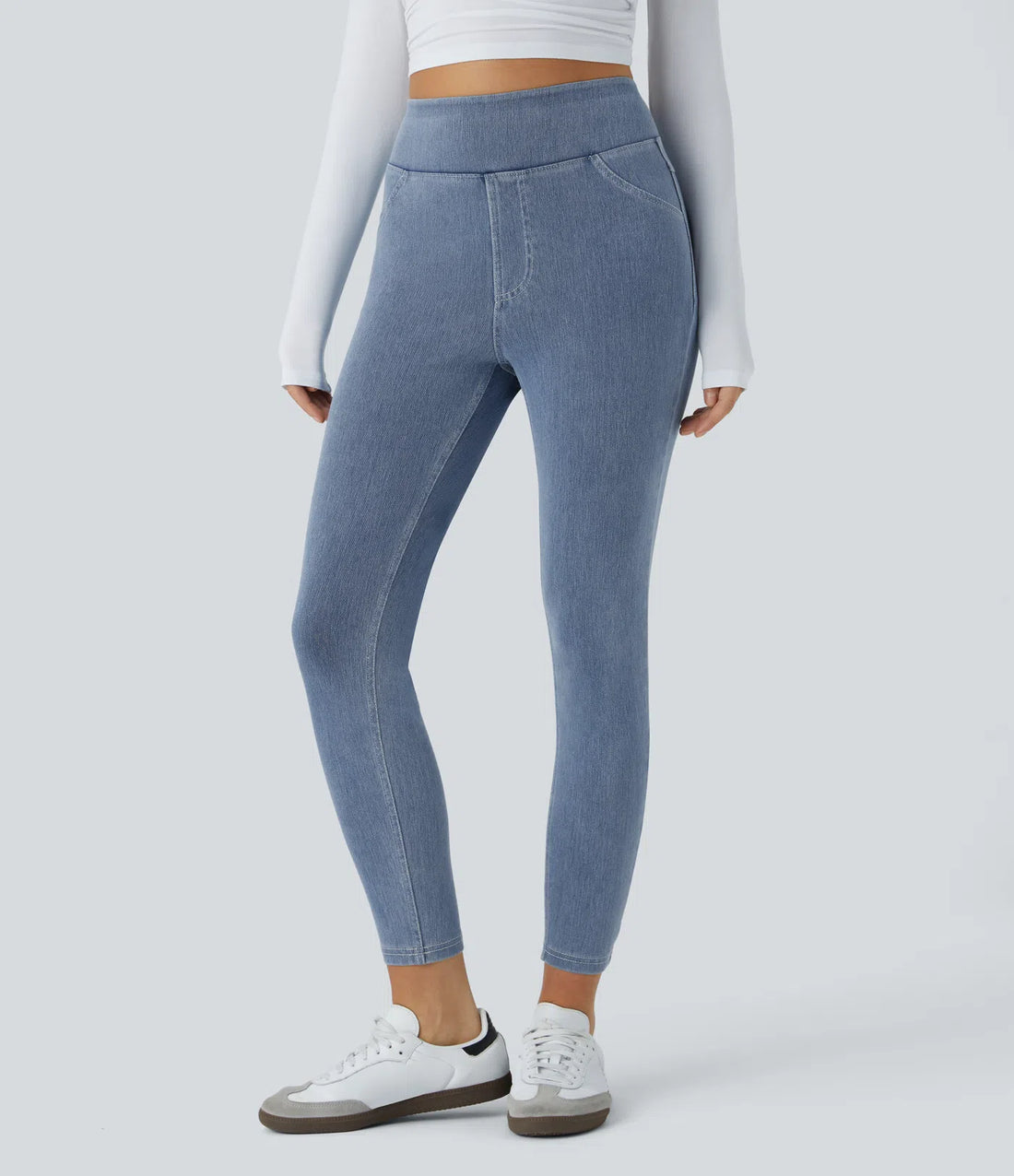 High Waisted Back Side Pocket Stretchy Knit Denim Casual Leggings