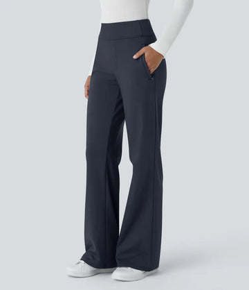 High Waisted Side Zipper Pocket Work Flare Trousers
