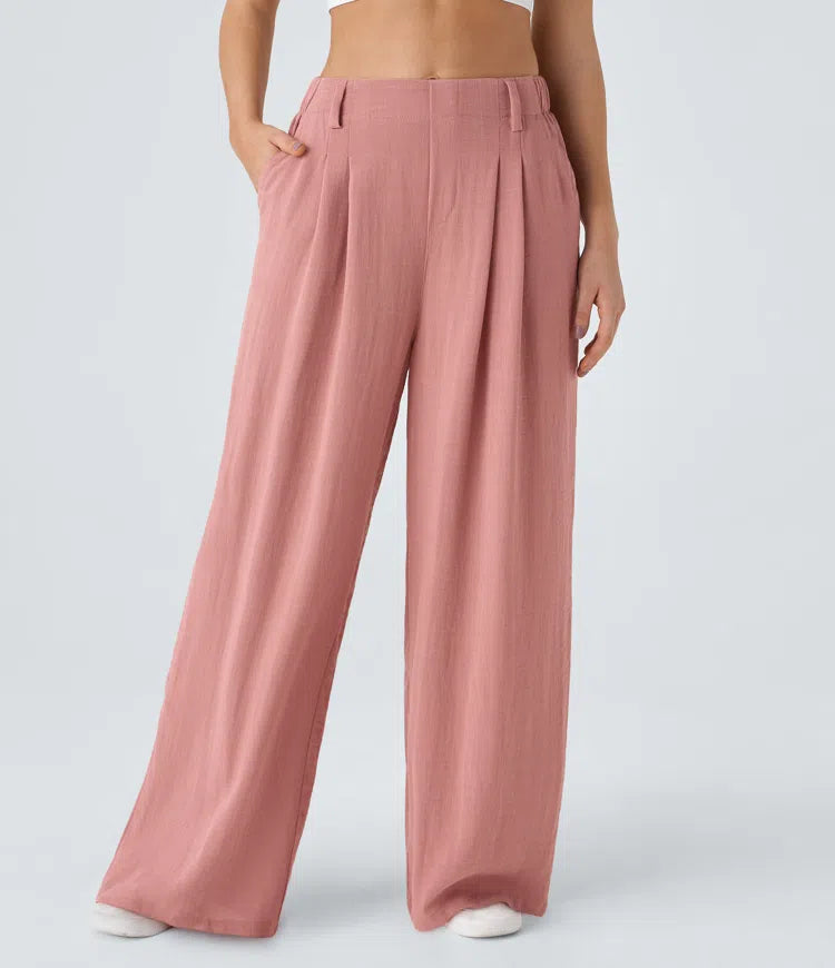 High Waisted Side Pocket Wide Leg Flowy Solid Palazzo Casual Linen-Feel Trousers