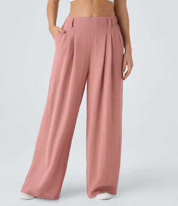 High Waisted Side Pocket Wide Leg Flowy Solid Palazzo Casual Linen-Feel Trousers