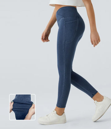 Crossover Side Pocket Washed Stretchy Knit Denim Work Leggings