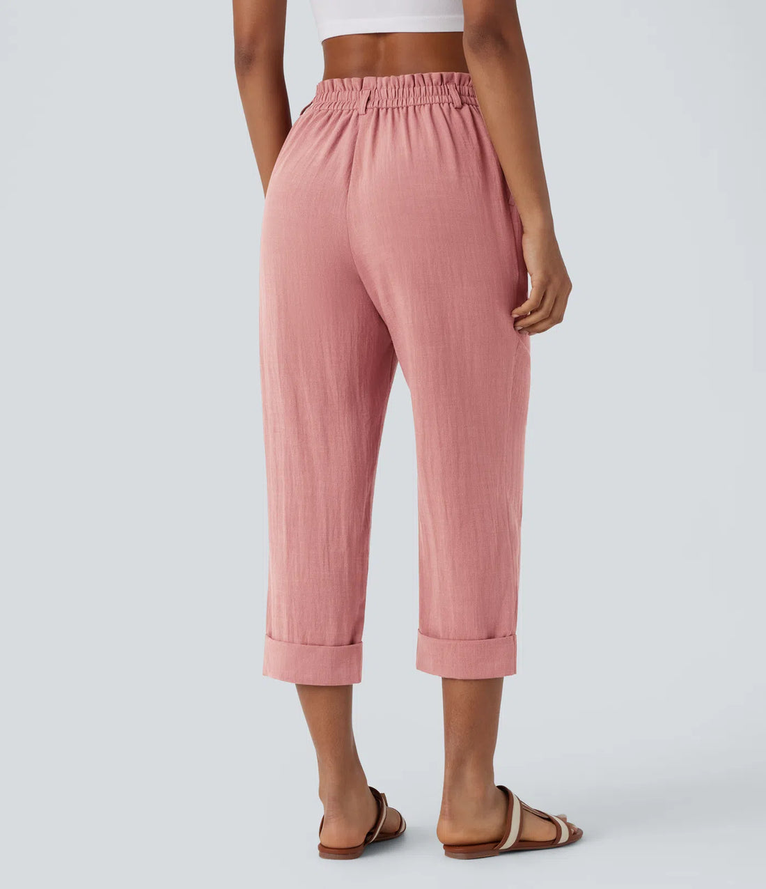 High Waisted Button Zipper Side Pocket Capri Resort Linen-Feel Trousers