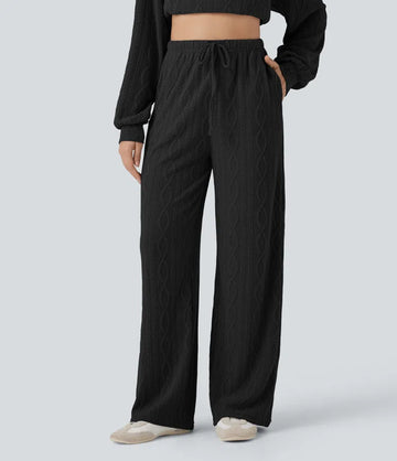 High Waisted Drawstring Cable Knit Casual Pants with Pockets