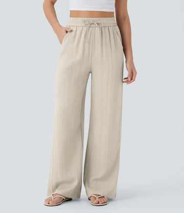 High Waisted Drawstring Side Pocket Wide Leg Casual Linen-Feel Trousers